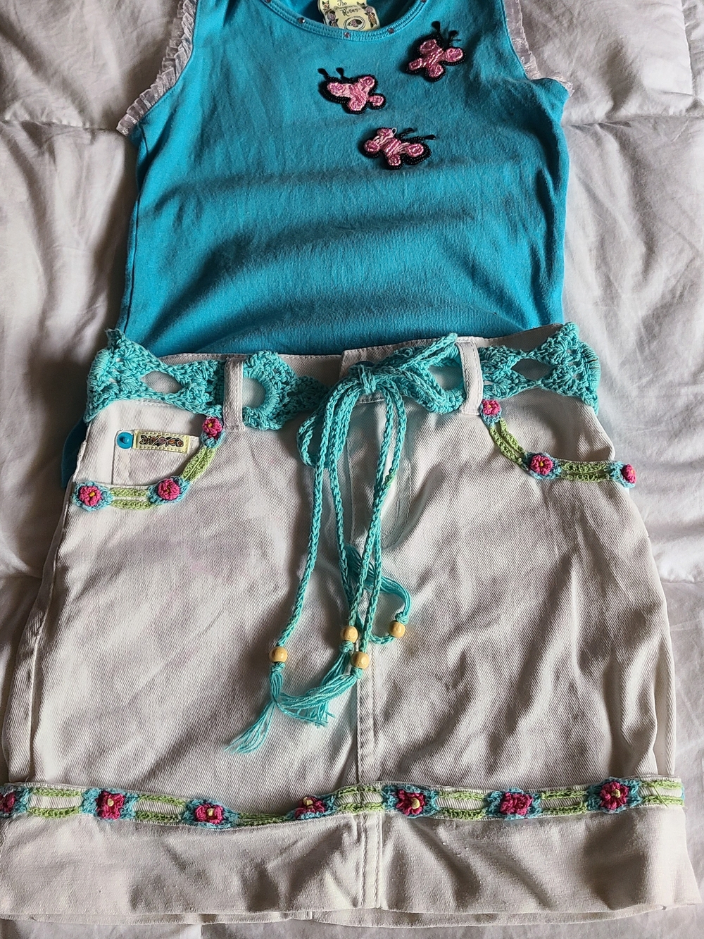 Turquoise Butterfly Tank with White  Skirt and Crochet Trim